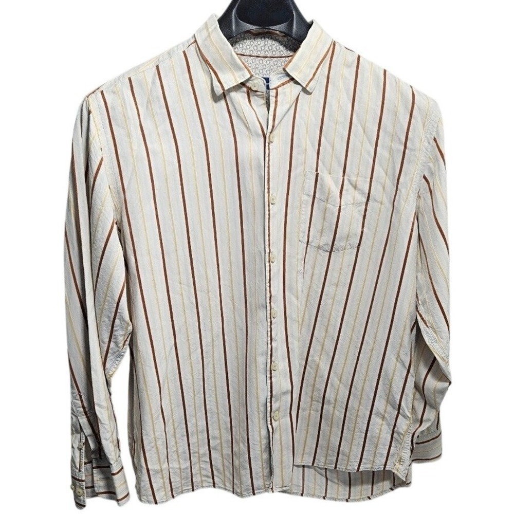 Tommy Bahama Mens XL 100% Silk Striped Button Down‎ Shirt Brown Tan Long Sleeve